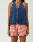 Gingham woven shorts. Elastic waistband. Side and back pockets. Fully lined. red gingham shorts. summer shorts. red boxer shorts. red gingham boxer shorts. cute casual outfit. cute lounge shorts