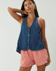 Gingham woven shorts. Elastic waistband. Side and back pockets. Fully lined. red gingham shorts. summer shorts. red boxer shorts. red gingham boxer shorts. cute casual outfit. cute lounge shorts