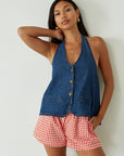 Gingham woven shorts. Elastic waistband. Side and back pockets. Fully lined. red gingham shorts. summer shorts. red boxer shorts. red gingham boxer shorts. cute casual outfit. cute lounge shorts