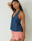 Gingham woven shorts. Elastic waistband. Side and back pockets. Fully lined. red gingham shorts. summer shorts. red boxer shorts. red gingham boxer shorts. cute casual outfit. cute lounge shorts
