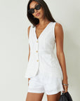 Woven shorts. Button and zipper fly. Side pockets. Faux back pockets. Fully lined. white shorts. white linen shorts. summer shorts. summer bottoms. summer outfit