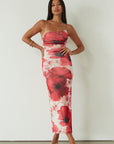Printed knit mesh maxi dress. Adjustable straps. Ruched sides. Side slit. Fully lined. floral maxi dress. guest wedding dress. evening dress. asymmetrical neckline dress