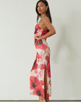 Printed knit mesh maxi dress. Adjustable straps. Ruched sides. Side slit. Fully lined. floral maxi dress. guest wedding dress. evening dress. asymmetrical neckline dress