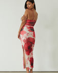 Printed knit mesh maxi dress. Adjustable straps. Ruched sides. Side slit. Fully lined. floral maxi dress. guest wedding dress. evening dress. asymmetrical neckline dress