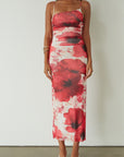 Printed knit mesh maxi dress. Adjustable straps. Ruched sides. Side slit. Fully lined. floral maxi dress. guest wedding dress. evening dress. asymmetrical neckline dress