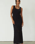 Crochet knit sleeveless maxi dress. Partially lined. black maxi dress. black crochet maxi dress. summer dress. evening dress. nice dinner dress