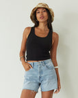 Relax fit mid-length denim shorts. Button fly. Five pocket construction. Raw hem. Unlined. denim shorts. light wash denim shorts. medium wash denim shorts