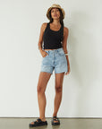 Relax fit mid-length denim shorts. Button fly. Five pocket construction. Raw hem. Unlined. denim shorts. light wash denim shorts. medium wash denim shorts