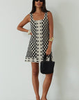 Crochet woven dress. Fixed straps. Fully lined. crochet mini dress. evening dress. nice dinner dress. summer dress.