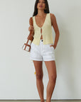 Woven shorts. Button and zipper fly. Side pockets. Faux back pockets. Fully lined. white shorts. white linen shorts. summer shorts. summer bottoms. summer outfit