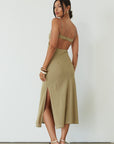 sage green maxi dress. green maxi dress. wedding guest dress. dress with side slit. evening dress. dress for nice dinner