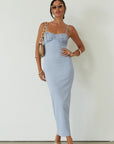 Knit maxi dress. Adjustable straps. Ruched bust. Back hook and eye and zipper closures. Partially lined. blue maxi dress. wedding guest dress. summer maxi dress