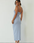 Knit maxi dress. Adjustable straps. Ruched bust. Back hook and eye and zipper closures. Partially lined. blue maxi dress. wedding guest dress. summer maxi dress
