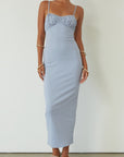 Knit maxi dress. Adjustable straps. Ruched bust. Back hook and eye and zipper closures. Partially lined. blue maxi dress. wedding guest dress. summer maxi dress