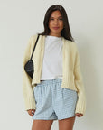 Gingham woven shorts. Elastic waistband. Side and back pockets. Fully lined. blue and white shorts. blue and white gingham shorts. blue and white boxer shorts. gingham checked boxer shorts. summer shorts. cute casual. lounge shorts