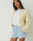 Gingham woven shorts. Elastic waistband. Side and back pockets. Fully lined. blue and white shorts. blue and white gingham shorts. blue and white boxer shorts. gingham checked boxer shorts. summer shorts. cute casual. lounge shorts