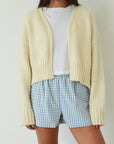 Gingham woven shorts. Elastic waistband. Side and back pockets. Fully lined. blue and white shorts. blue and white gingham shorts. blue and white boxer shorts. gingham checked boxer shorts. summer shorts. cute casual. lounge shorts
