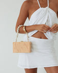 Acrylic rectangular bag. Removable beaded top strap. Top closure. Fully lined. box shape clutch. billini clutch.