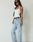 Mid rise bowed straight leg jeans. Button and zipper fly. Five pocket construction. Straight leg bows at the knees for an arched, barrel leg silhouette. Ankle length crop with a clean hem. No stretch. 