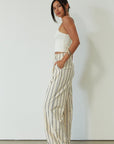 Striped woven pants. Hook and eye and zipper fly. Side pockets. Unlined. beige striped pant. work pant. casual work pant. vacation outfit. vacation pant.