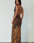 Printed chiffon maxi dress. Adjustable crisscross back straps. Lace cups. Unlined. leopard dress. leopard maxi dress. vacation dress. fancy dinner dress.