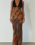 Printed chiffon maxi dress. Adjustable crisscross back straps. Lace cups. Unlined. leopard dress. leopard maxi dress. vacation dress. fancy dinner dress.