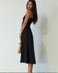 Knit midi dress. Ribbed knit bodice. Adjustable straps. Partially lined. Black midi dress. summer dress.