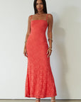 Knit lace maxi dress. Elastic straps. Inner rubber grip lining. Fully lined. red maxi dress. orange maxi dress. wedding guest dress. vacation outfit. vacation dress. fancy dinner dress