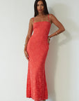 Knit lace maxi dress. Elastic straps. Inner rubber grip lining. Fully lined. red maxi dress. orange maxi dress. wedding guest dress. vacation outfit. vacation dress. fancy dinner dress