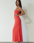 Knit lace maxi dress. Elastic straps. Inner rubber grip lining. Fully lined. red maxi dress. orange maxi dress. wedding guest dress. vacation outfit. vacation dress. fancy dinner dress