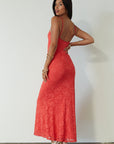 Knit lace maxi dress. Elastic straps. Inner rubber grip lining. Fully lined. red maxi dress. orange maxi dress. wedding guest dress. vacation outfit. vacation dress. fancy dinner dress