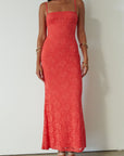 Knit lace maxi dress. Elastic straps. Inner rubber grip lining. Fully lined. red maxi dress. orange maxi dress. wedding guest dress. vacation outfit. vacation dress. fancy dinner dress