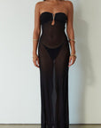 Knit mesh maxi dress. Strapless neckline. Front metal detail. Unlined. black maxi dress. black mesh maxi dress. mesh maxi dress. strapless maxi dress. mexico trip outfit. florida outift. evening dress. vacation dress.
