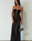 Knit mesh maxi dress. Strapless neckline. Front metal detail. Unlined. black maxi dress. black mesh maxi dress. mesh maxi dress. strapless maxi dress. mexico trip outfit. florida outift. evening dress. vacation dress.