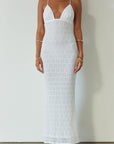 Knit lace maxi dress. Adjustable crisscross back straps. Back hook and eye and zipper closures. Fully lined. white maxi dress. engagement dress. bridal shower dress. beach wedding dress. vacation dress. beach vacation dress.