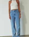 Denim relaxed fit jeans. Button and zipper fly. Five pocket construction. Unlined. mid wash denim jeans.