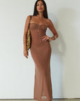 Knit mesh maxi dress. Strapless neckline. Front metal detail. Unlined. brown maxi dress. brown mesh maxi dress. mesh maxi dress. strapless maxi dress. mexico trip outfit. florida outift. evening dress. vacation dress.