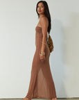 Knit mesh maxi dress. Strapless neckline. Front metal detail. Unlined. brown maxi dress. brown mesh maxi dress. mesh maxi dress. strapless maxi dress. mexico trip outfit. florida outift. evening dress. vacation dress.