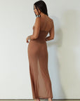 Knit mesh maxi dress. Strapless neckline. Front metal detail. Unlined. brown maxi dress. brown mesh maxi dress. mesh maxi dress. strapless maxi dress. mexico trip outfit. florida outift. evening dress. vacation dress.