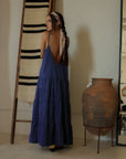 Tiered denim maxi dress. Adjustable straps. V-neckline. Front slit. Low back. Unlined. European summer aesthetic. Tuscany outfit inso. Tuscany aesthetic. Summer dress. denim maxi dress. summer outfit. everyday dress. vacation dress. outfit to wear to tuscany. day dress.