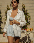 European summer vacation. European summer outfit. European summer. European summer set. European summer aesthetic. Tuscany outfit inso. Tuscany aesthetic. Summer top. bralette and short set. loungewear. cute loungewear. blue lounge set. blue loungewear set. blue cotton set. blue bra. blue shorts