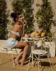 European summer vacation. European summer outfit. European summer. European summer set. European summer aesthetic. Tuscany outfit inso. Tuscany aesthetic. Summer top. bralette and short set. loungewear. cute loungewear. blue lounge set. blue loungewear set. blue cotton set. blue bra. blue shorts