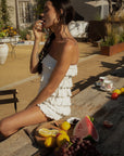 Ruffle knit romper. Strapless elastic neckline. Unlined. European summer outfit. European summer. European summer romper. European summer aesthetic. Tuscany outfit inso. Tuscany aesthetic. Summer romper. white romper. white ruffle romper. summer outfit. everyday romper. vacation romper. outfit to wear to tuscany. strapless romper