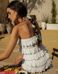 Ruffle knit romper. Strapless elastic neckline. Unlined. European summer outfit. European summer. European summer romper. European summer aesthetic. Tuscany outfit inso. Tuscany aesthetic. Summer romper. white romper. white ruffle romper. summer outfit. everyday romper. vacation romper. outfit to wear to tuscany. strapless romper