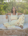 European summer vacation. European summer outfit. European summer. European summer top. European summer aesthetic. Tuscany outfit inso. Tuscany aesthetic. Summer top. yellow knit set. knit set. knit pant set. yellow floral cut out pant. yellow knit tank top