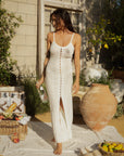 Ribbed knit maxi dress. Fixed straps. Faux front button down closure. Unlined. European summer. European summer dress. European summer aesthetic. Tuscany outfit inso. Tuscany aesthetic. Summer dress. white dress. white maxi dress. summer outfit. everyday dress. vacation dress. outfit to wear to tuscany. cover up. beach cover up. dress cover up