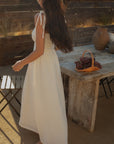 Sleeveless maxi dress. Elastic smocked bodice. Gauze skirt. Adjustable toe straps. Side pockets. Partially lined. European summer aesthetic. Tuscany outfit inso. Tuscany aesthetic. Summer dress. white maxi dress. summer outfit. everyday dress. vacation dress. outfit to wear to tuscany. day dress. white ruffled maxi dress. shoulder tie strap dress