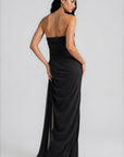 Strapless maxi dress
Side ruching and draping
Side zipper closure
Lined