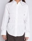 white Long sleeve collared top
Button down top
Ruched waist/back
Length: 32"
100% Cotton
cute business casual long sleeve top