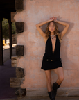 Crossover halter micro mini dress
Deep V-neckline
Adjustable neck tie
Open back
Fully lined
black deep v mini dress
coachella mini dress
stagecoach mini dress
festival outfit